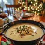 creamy cauliflower soup, holiday cauliflower soup recipe, festive Christmas Eve soup, vegetarian holiday soup, cauliflower soup for winter, holiday soup ideas