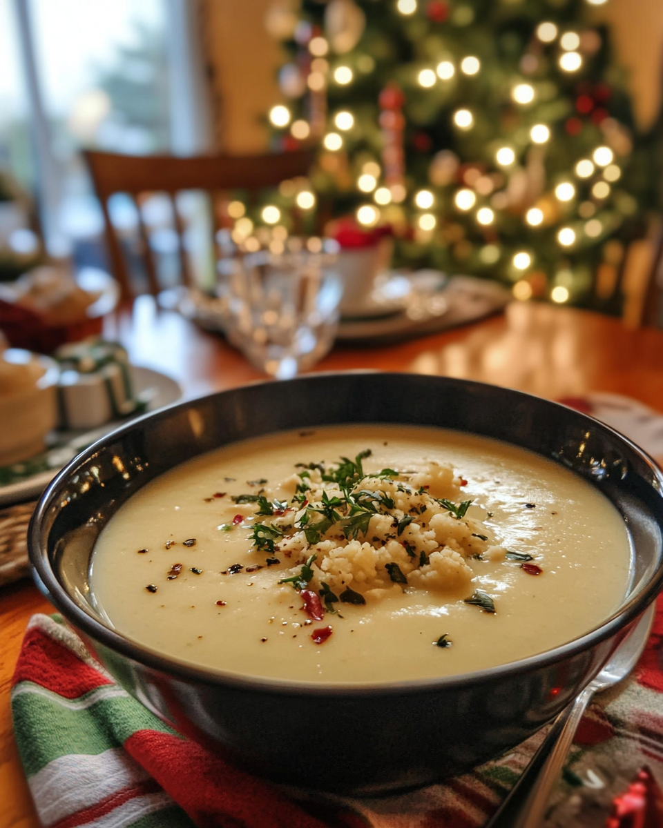 creamy cauliflower soup, holiday cauliflower soup recipe, festive Christmas Eve soup, vegetarian holiday soup, cauliflower soup for winter, holiday soup ideas