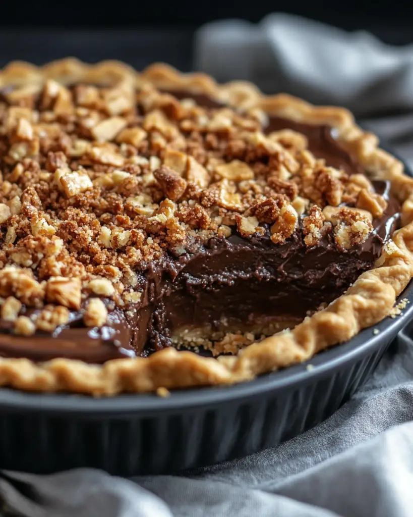 chocolate pie with crumble topping, easy chocolate pie recipe, cocoa crumble dessert, chocolate dessert ideas, rich chocolate crumble pie