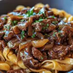 one-pot beef noodles, French onion pasta, creamy beef noodles recipe, comfort food beef and noodles, savory French onion dish