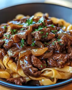 one-pot beef noodles, French onion pasta, creamy beef noodles recipe, comfort food beef and noodles, savory French onion dish