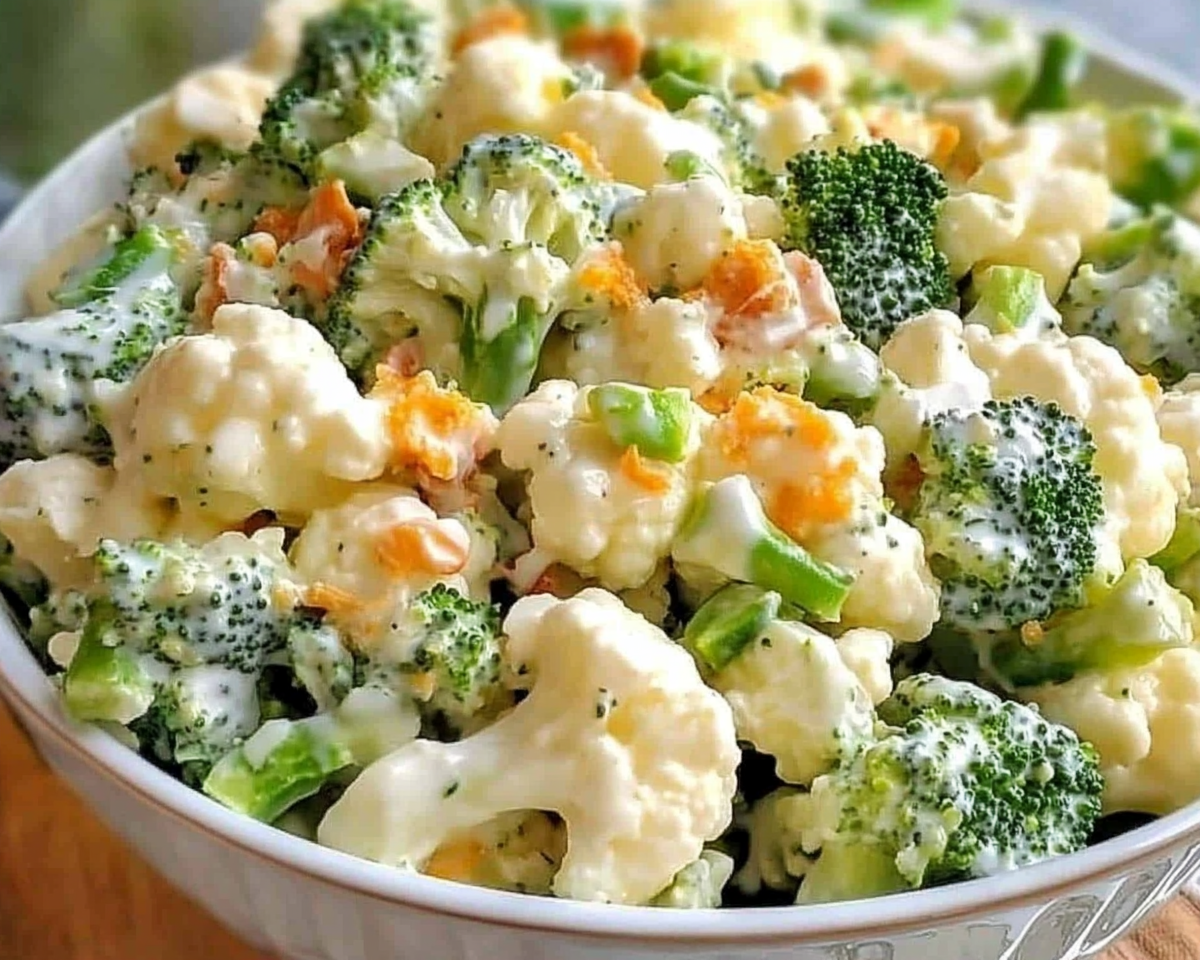 broccoli cauliflower salad, healthy vegetable salad, broccoli salad with dressing, creamy broccoli and cauliflower salad, low-carb vegetable salad, broccoli cauliflower side dish