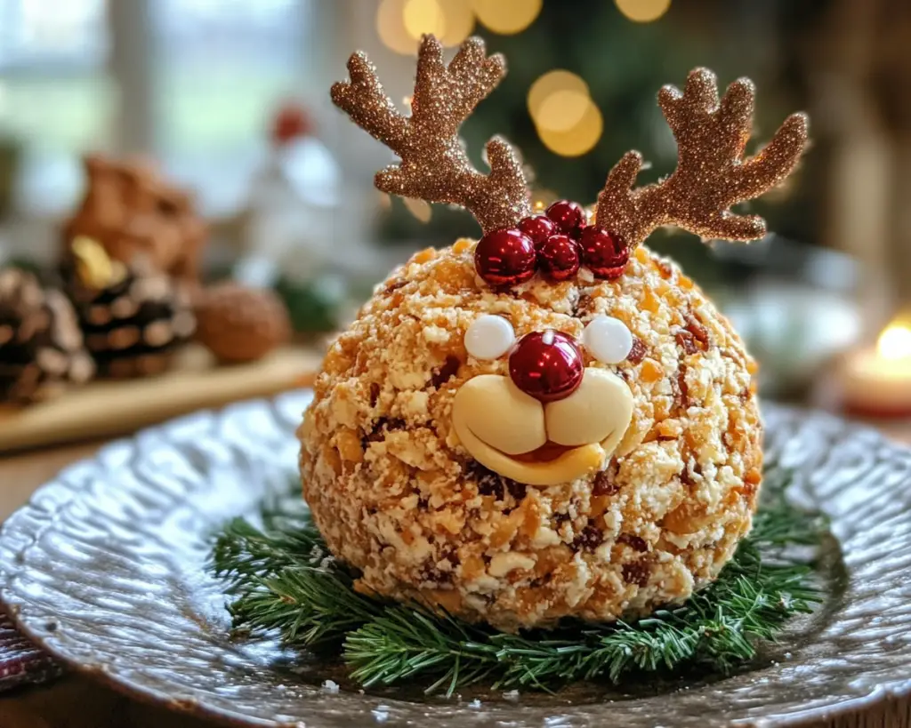 Christmas cheese ball, Rudolph-themed cheese ball, festive holiday appetizers, reindeer cheese ball recipe, holiday party cheese ball