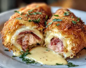 stuffed chicken breast recipe, classic chicken dish, breaded chicken with ham and cheese, gourmet chicken recipes, French-inspired chicken recipes