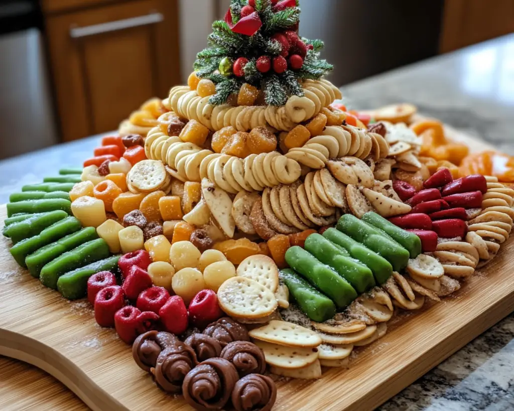 holiday snack board, festive charcuterie board, Christmas charcuterie ideas, tree-shaped snack board, holiday appetizer board, themed snack platter