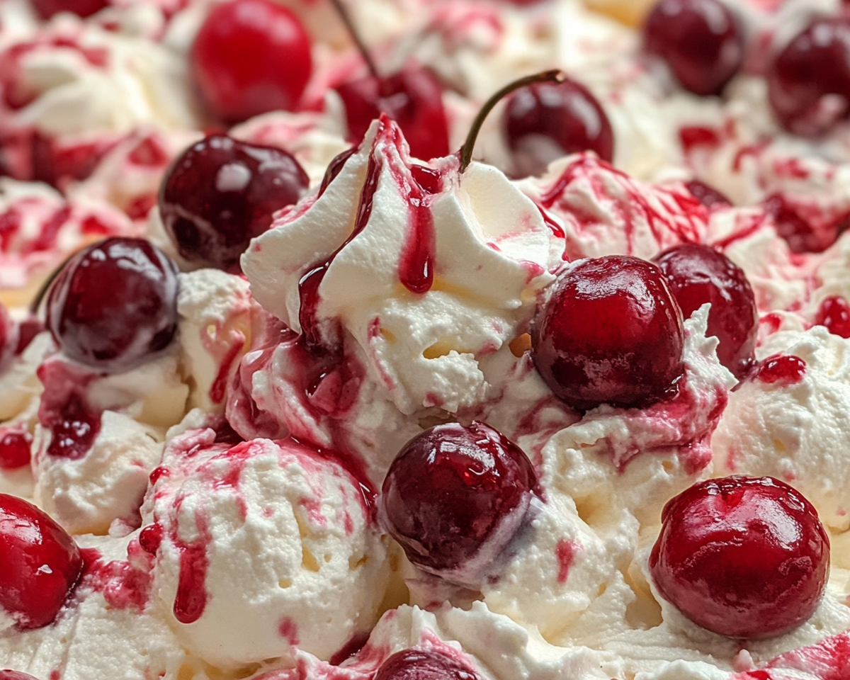 no-bake cheesecake fluff, cherry fluff dessert, easy cheesecake fluff, whipped cheesecake dessert, cherry pie cheesecake fluff, creamy cherry dessert