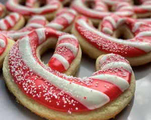 candy cane cookies, holiday sugar cookies, peppermint cookies, festive sugar cookies, red and white Christmas cookies, candy cane shaped cookies