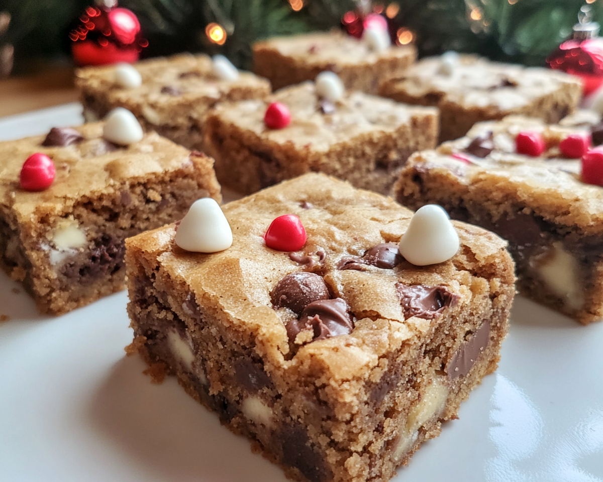 holiday blondie recipes, chewy holiday desserts, festive blondie bars, Christmas dessert bars, M&M blondies, peppermint blondies, holiday cookie swap treats