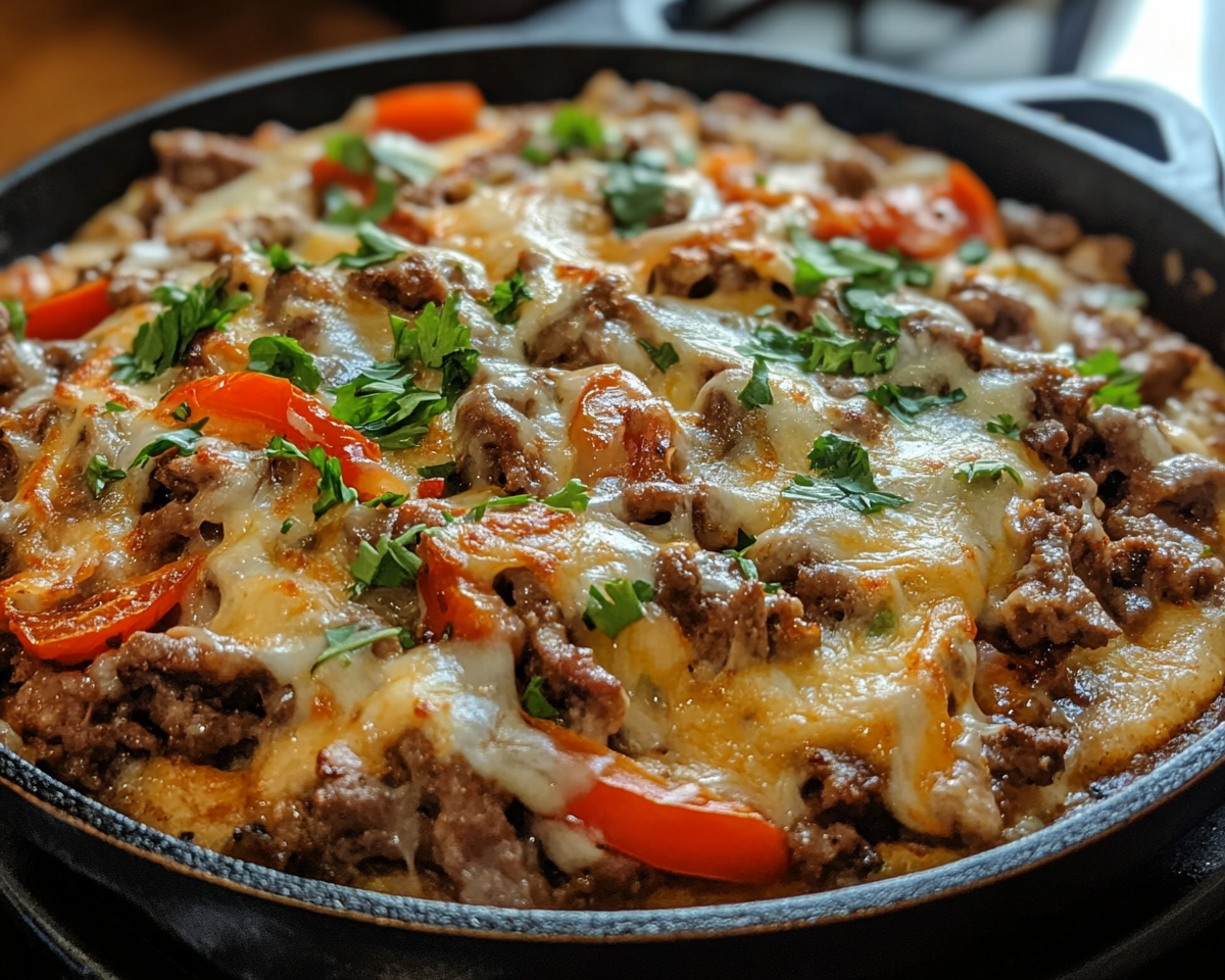 Philly cheesesteak recipe, skillet cheesesteak dinner, one-pan Philly steak skillet, cheesy steak skillet recipe, quick cheesesteak skillet, low-carb steak dinner