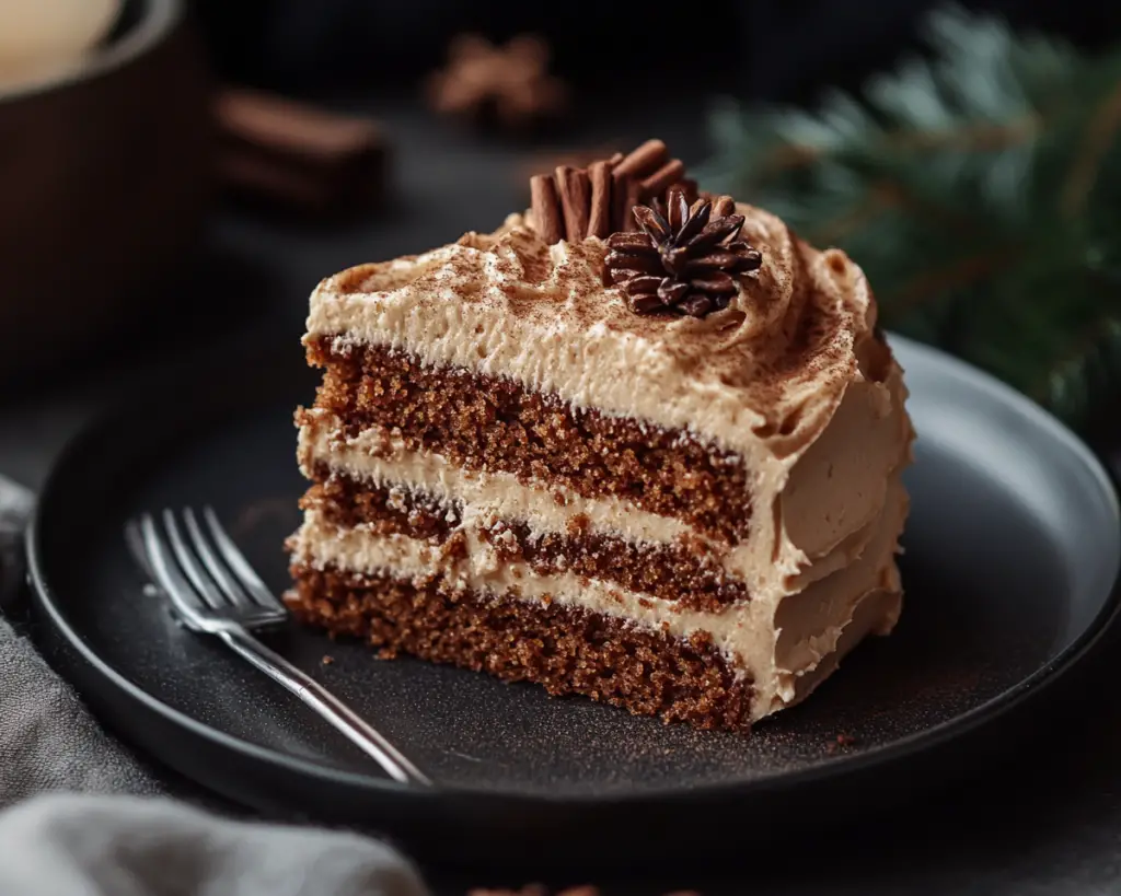 Holiday gingerbread cake, spiced molasses cake, cinnamon frosting dessert, festive gingerbread recipe, Christmas cake with molasses, creamy spiced frosting