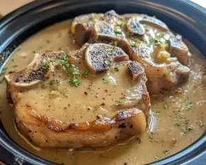 Crockpot smothered pork chops, pork chops in gravy, creamy pork chop recipe, slow-cooked pork dinner, easy smothered pork chops recipe