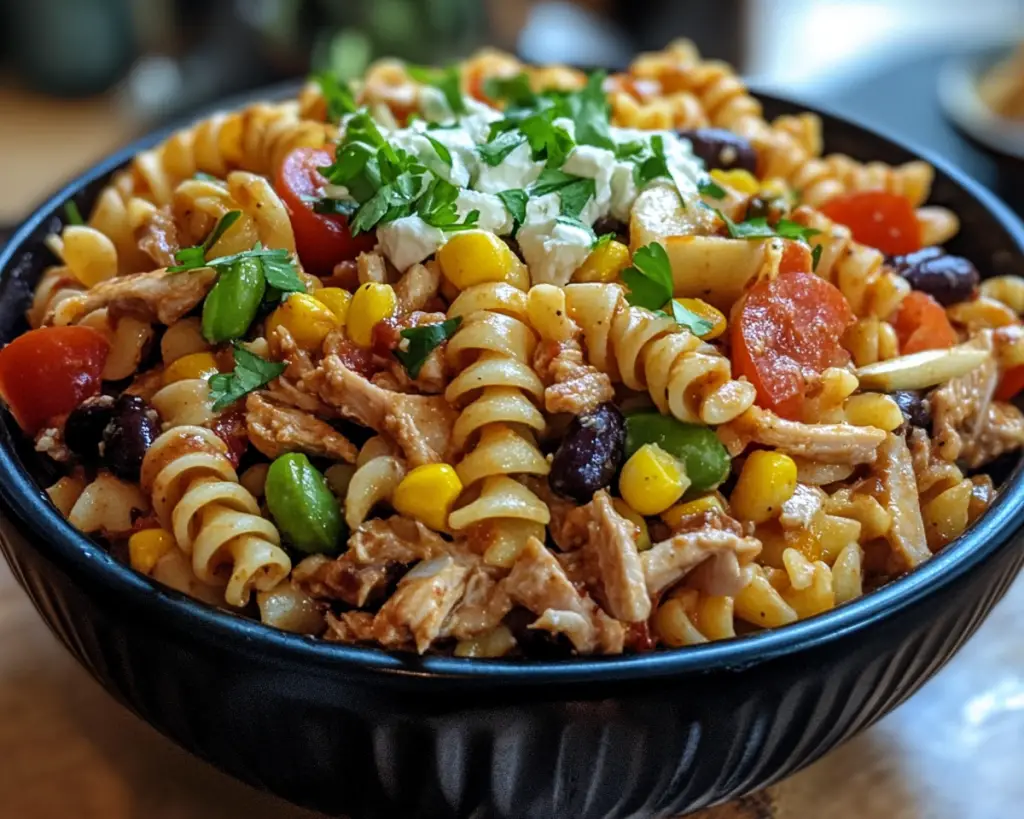 cowboy pasta salad, loaded pasta recipe, Tex-Mex pasta salad, creamy BBQ pasta salad, hearty salad recipe, bacon pasta salad, picnic pasta salad