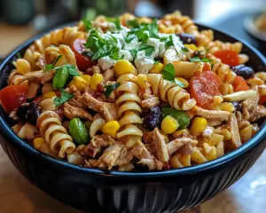 cowboy pasta salad, loaded pasta recipe, Tex-Mex pasta salad, creamy BBQ pasta salad, hearty salad recipe, bacon pasta salad, picnic pasta salad