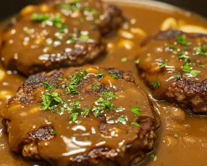 hamburger steaks with gravy, Southern hamburger steak recipe, smothered beef patties, skillet hamburger steaks, ground beef smothered steaks, homemade gravy recipe