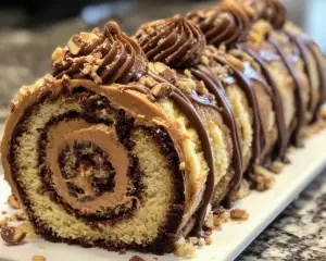 Chocolate peanut butter roll, Reese’s roll cake, peanut butter cup dessert, chocolate sponge roll, Reese’s-inspired cake