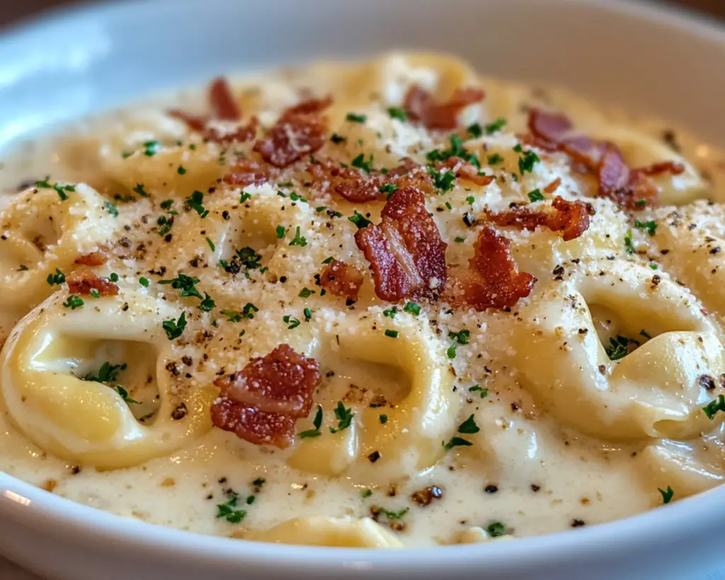 Tortellini Alfredo with bacon, creamy bacon pasta, cheese tortellini Alfredo, bacon and pasta dish, Alfredo pasta with bacon