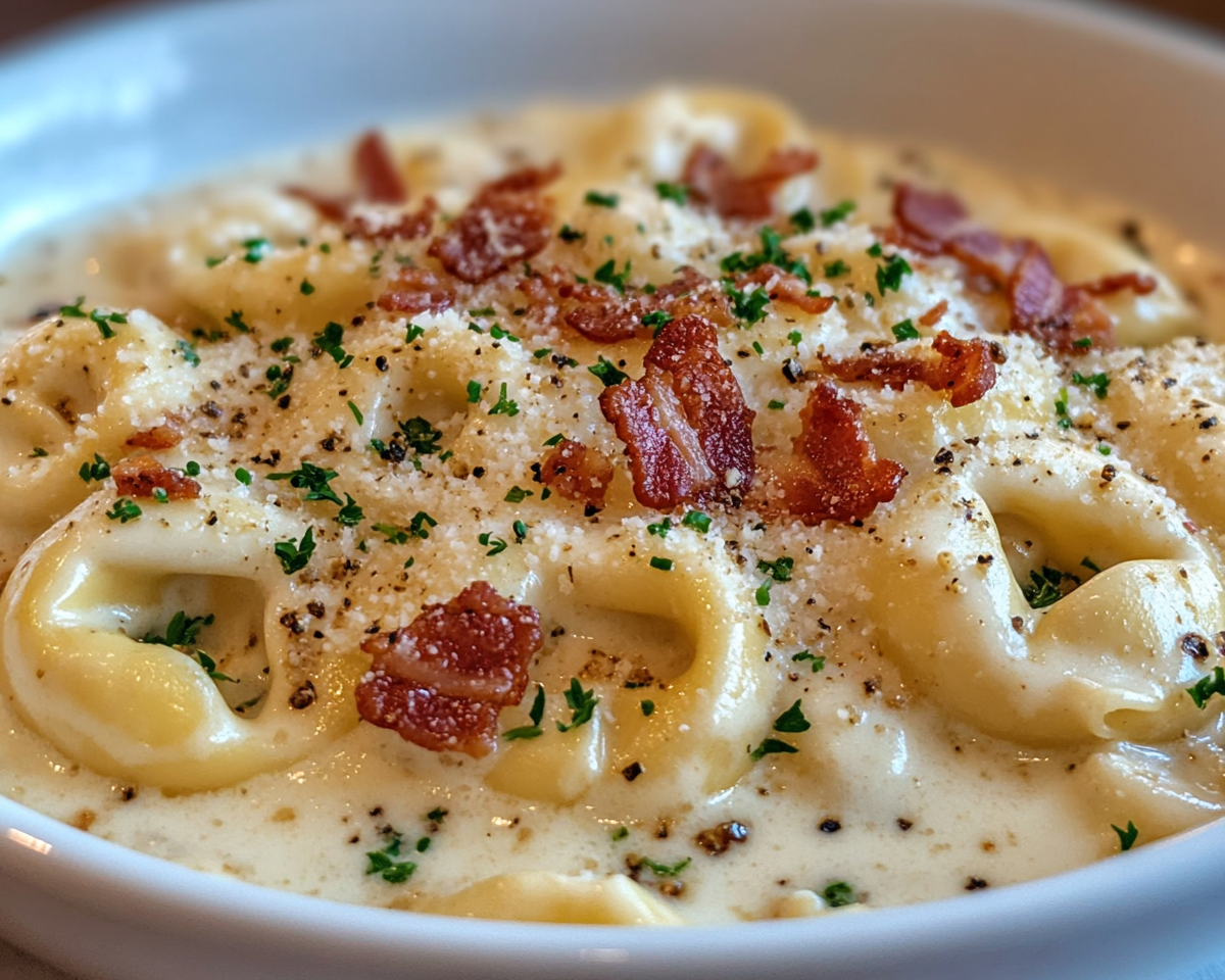 Tortellini Alfredo with bacon, creamy bacon pasta, cheese tortellini Alfredo, bacon and pasta dish, Alfredo pasta with bacon