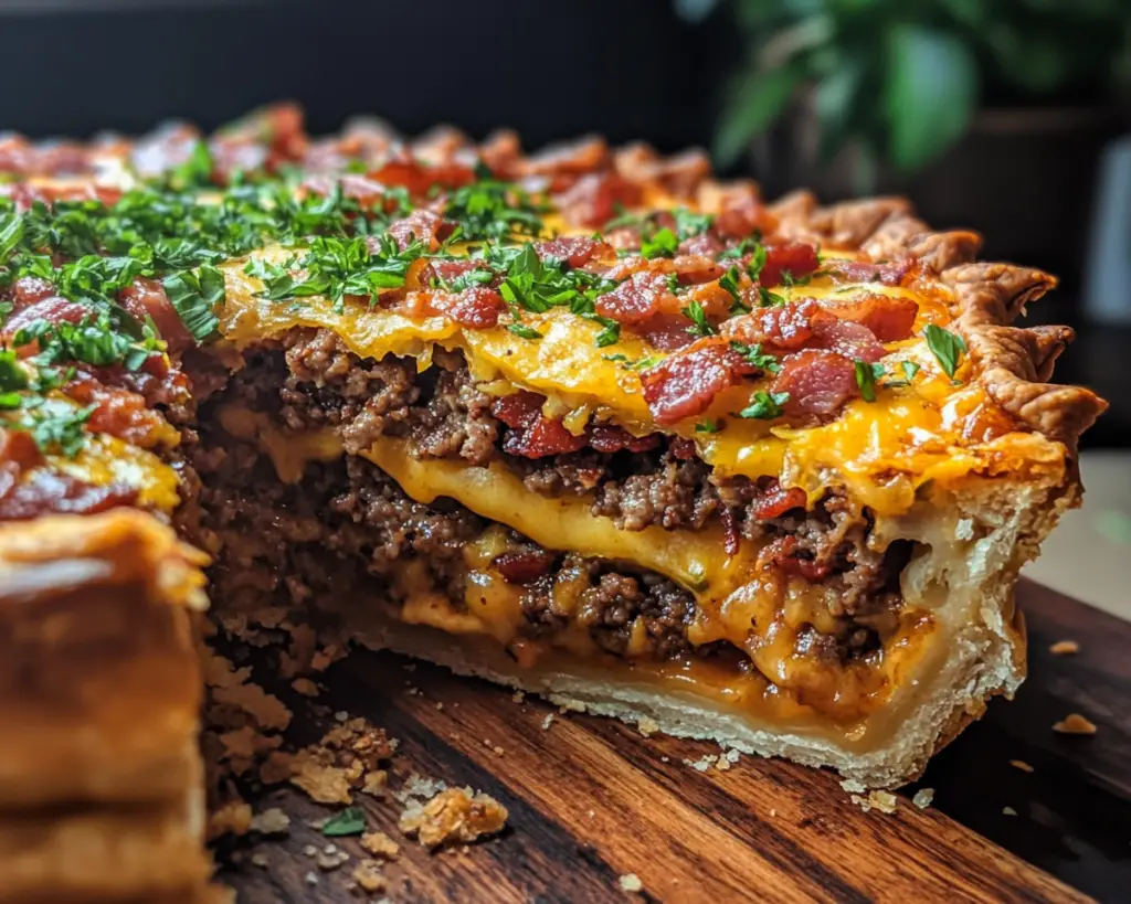 Keto bacon cheeseburger pie, low-carb cheeseburger casserole, carnivore meat pie, high-protein cheeseburger pie, bacon beef pie recipe