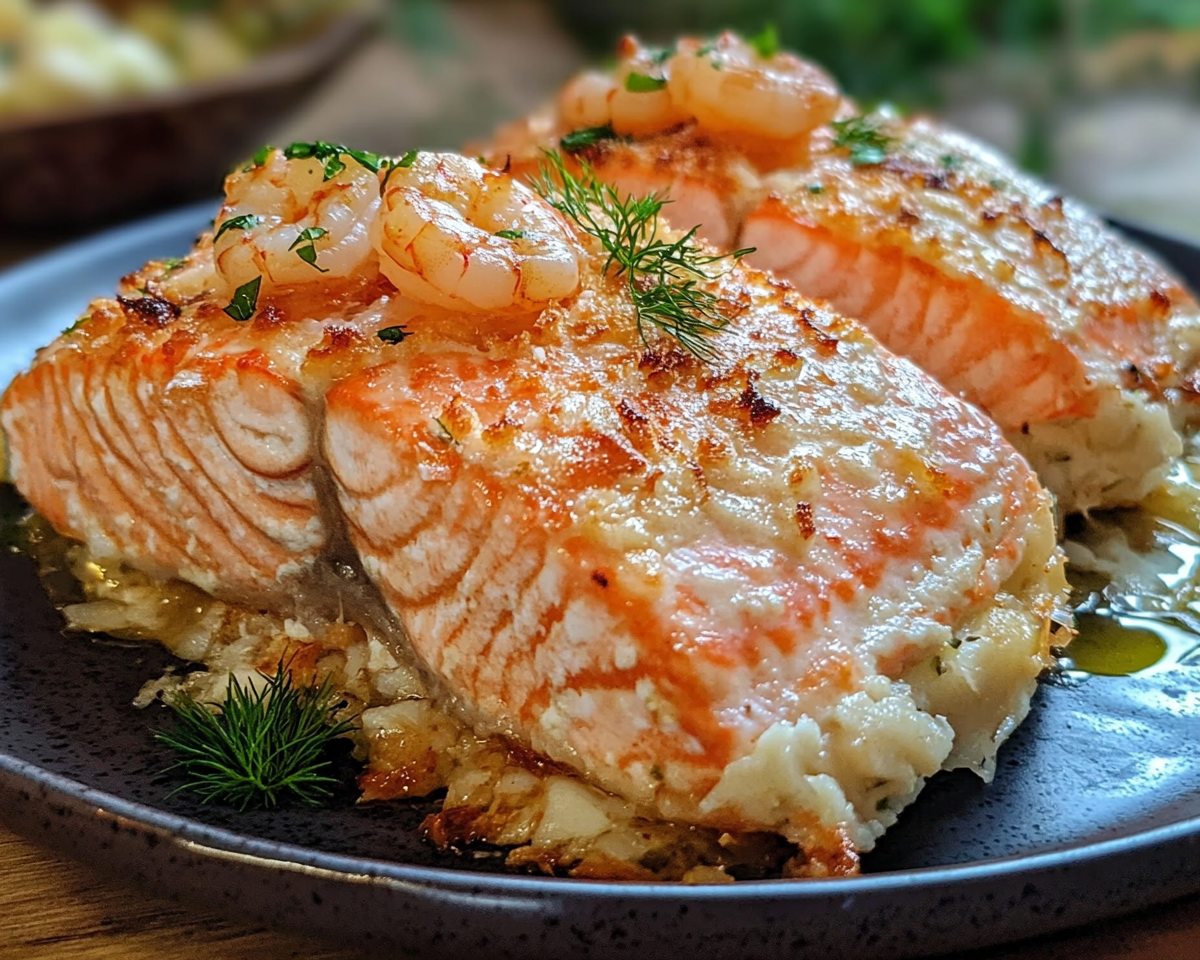 Stuffed salmon recipe, crab and shrimp filling for salmon, seafood stuffed salmon, gourmet stuffed fish, salmon with seafood stuffing