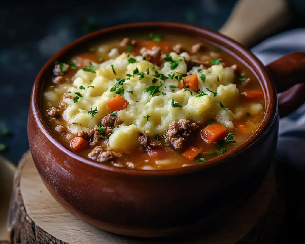 Comfort food soup, ground meat and potato soup, hearty winter soup, mashed potato soup, Shepherd’s Pie-inspired recipe