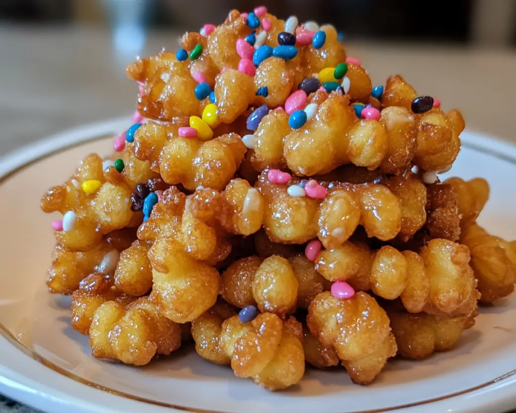 mini funnel cakes, bite-sized funnel cakes, homemade funnel cake recipe, fair-style funnel cakes, fried dessert bites, powdered sugar funnel cake