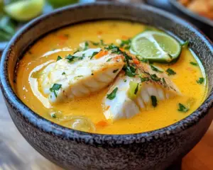 fish soup with lime, coconut fish curry, Thai-inspired fish soup, creamy lime soup with fish, coconut milk seafood soup