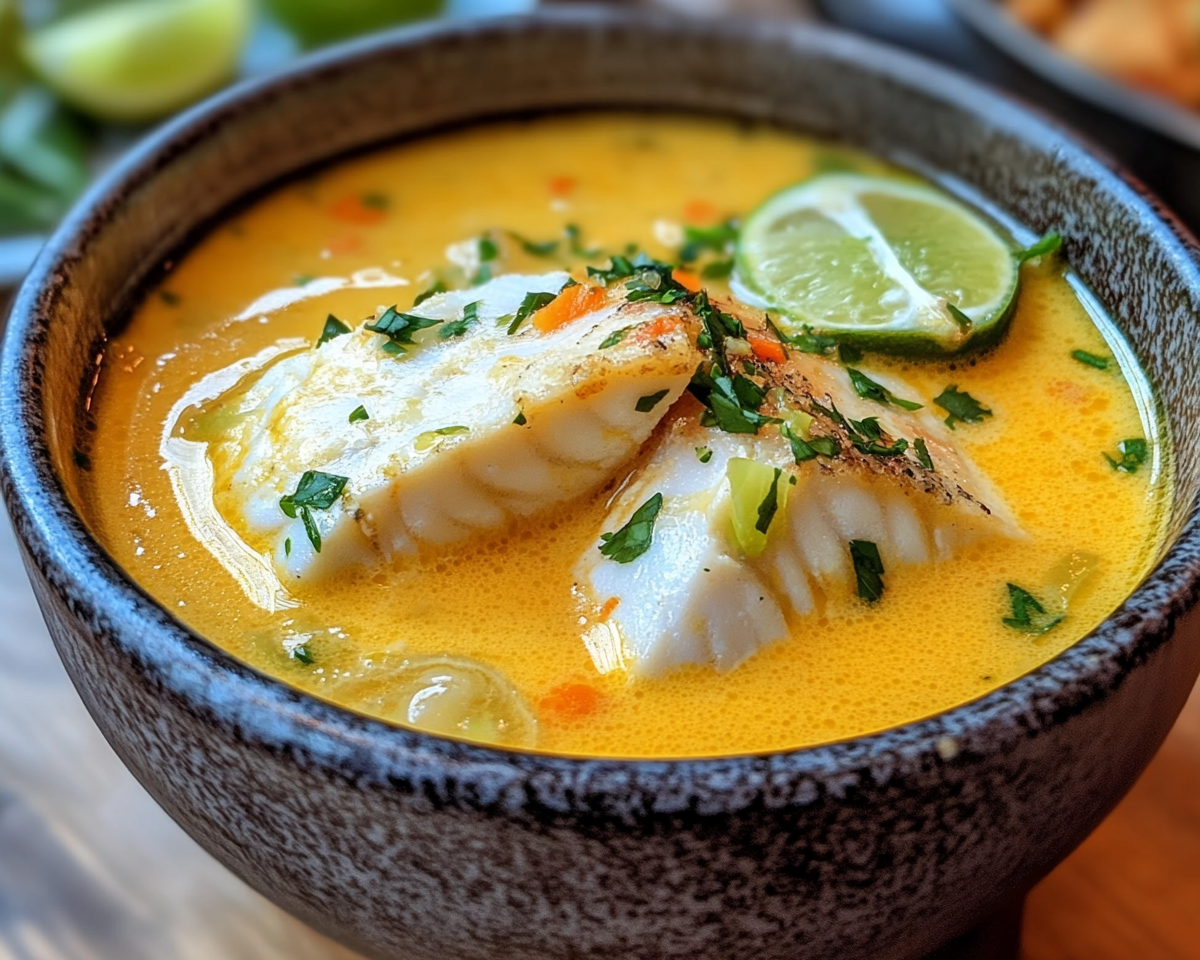 fish soup with lime, coconut fish curry, Thai-inspired fish soup, creamy lime soup with fish, coconut milk seafood soup