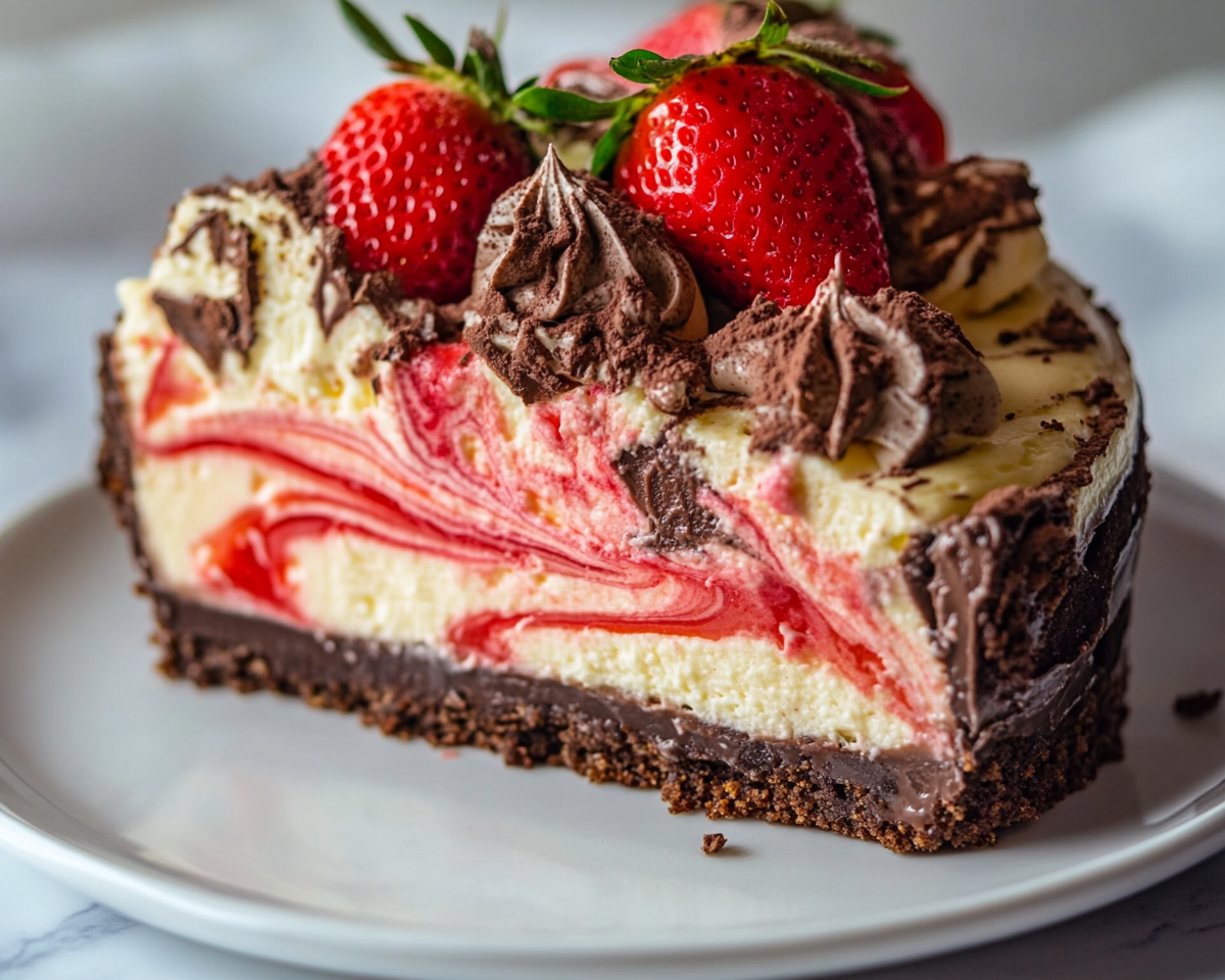 strawberry chocolate cheesecake, cheesecake with strawberry swirl, chocolate strawberry dessert, swirl cheesecake recipe, chocolate cheesecake with fruit