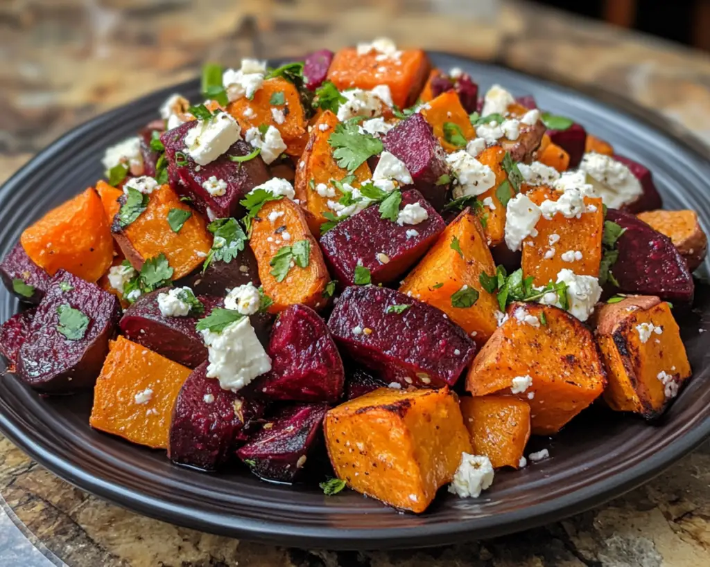 beet and sweet potato recipe, roasted vegetables with feta, cilantro roasted beets, sweet potato and beet dish, roasted root vegetables