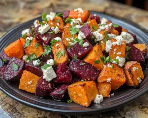 beet and sweet potato recipe, roasted vegetables with feta, cilantro roasted beets, sweet potato and beet dish, roasted root vegetables