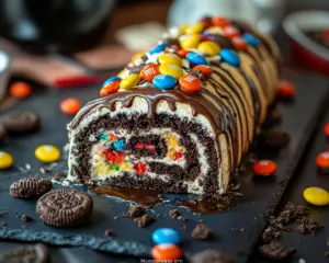 Oreo roll cake, Ferrero Rocher dessert, M&M’s chocolate cake, no-bake roll cake recipe, chocolate candy roll dessert