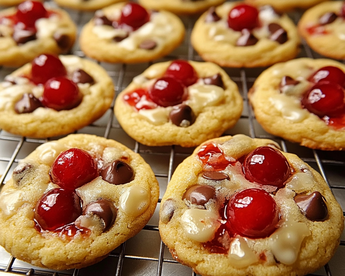 cherry chocolate chip cookies, pink cherry cookies, chocolate chip cookies with cherries, maraschino cherry desserts, festive holiday cookies