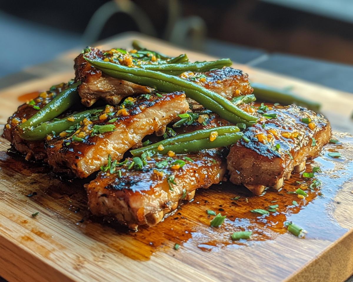 BBQ ribs with green beans, ribs and green bean recipe, pork spare ribs dinner, smoky ribs and veggies, green bean side dish for ribs