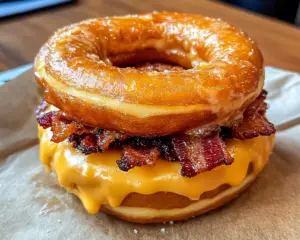 bacon grilled cheese with donuts, sweet and savory sandwich, glazed donut grilled cheese, bacon cheese donut sandwich, donut bacon breakfast sandwich