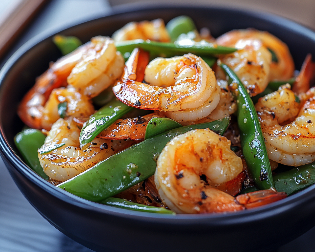 shrimp stir-fry with snow peas, healthy shrimp stir-fry, quick stir-fry recipe, seafood and vegetable stir-fry, snow pea shrimp dish