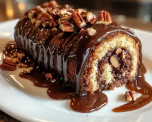 Chocolate caramel pecan roll, Turtle cake roll recipe, Gooey caramel chocolate roll, Decadent chocolate pecan dessert, Caramel-filled chocolate roll