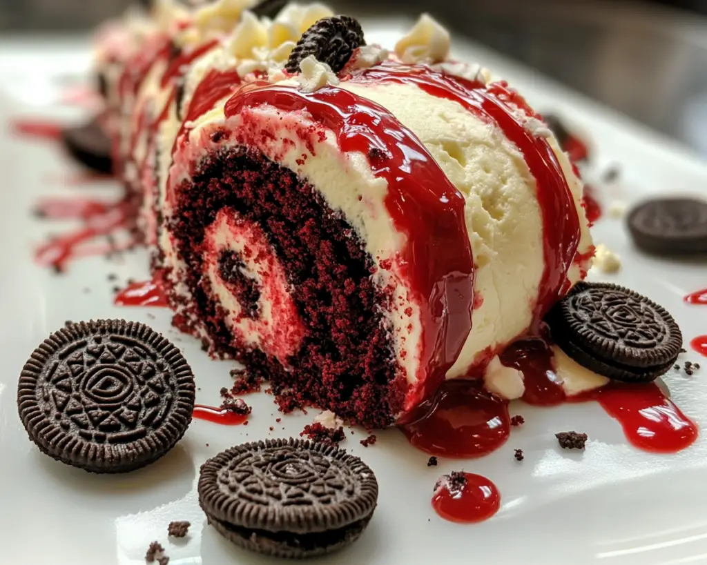 Oreo red velvet roll, Red velvet cake roll with Oreos, Cream cheese Oreo filling roll, Chocolate cookie cake roll, Festive red velvet dessert