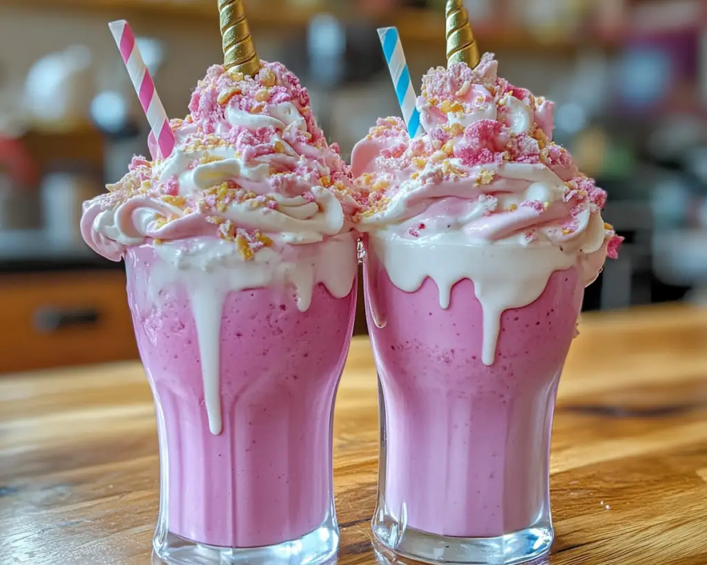 Unicorn milkshake recipe, Pink freakshake ideas, Fun party milkshakes, Over-the-top unicorn shakes, Colorful dessert shakes