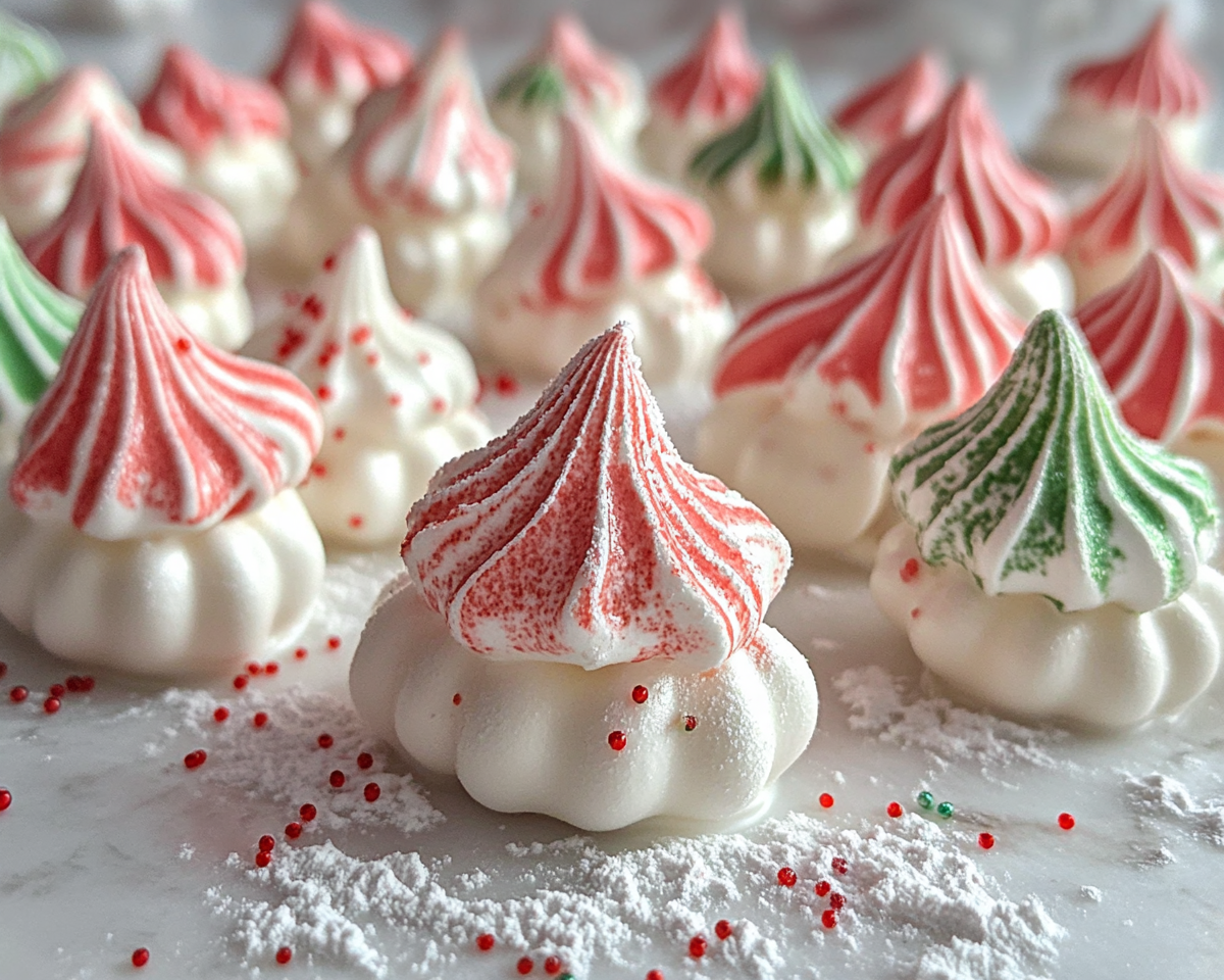 Holiday meringue cookies, Festive meringue kisses, Christmas egg white cookies, Peppermint meringue treats, Red and green meringue cookies