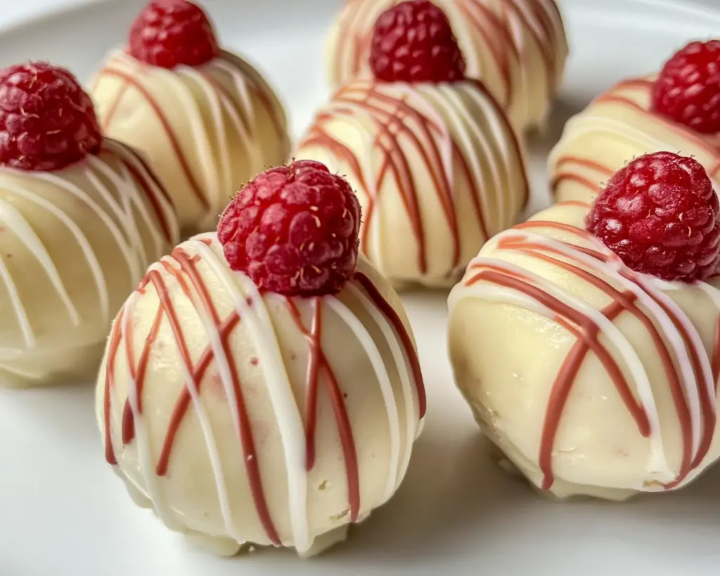 Raspberry cheesecake truffles, No-bake cheesecake balls, White chocolate truffle recipe, Raspberry white chocolate bites, Cream cheese raspberry dessert