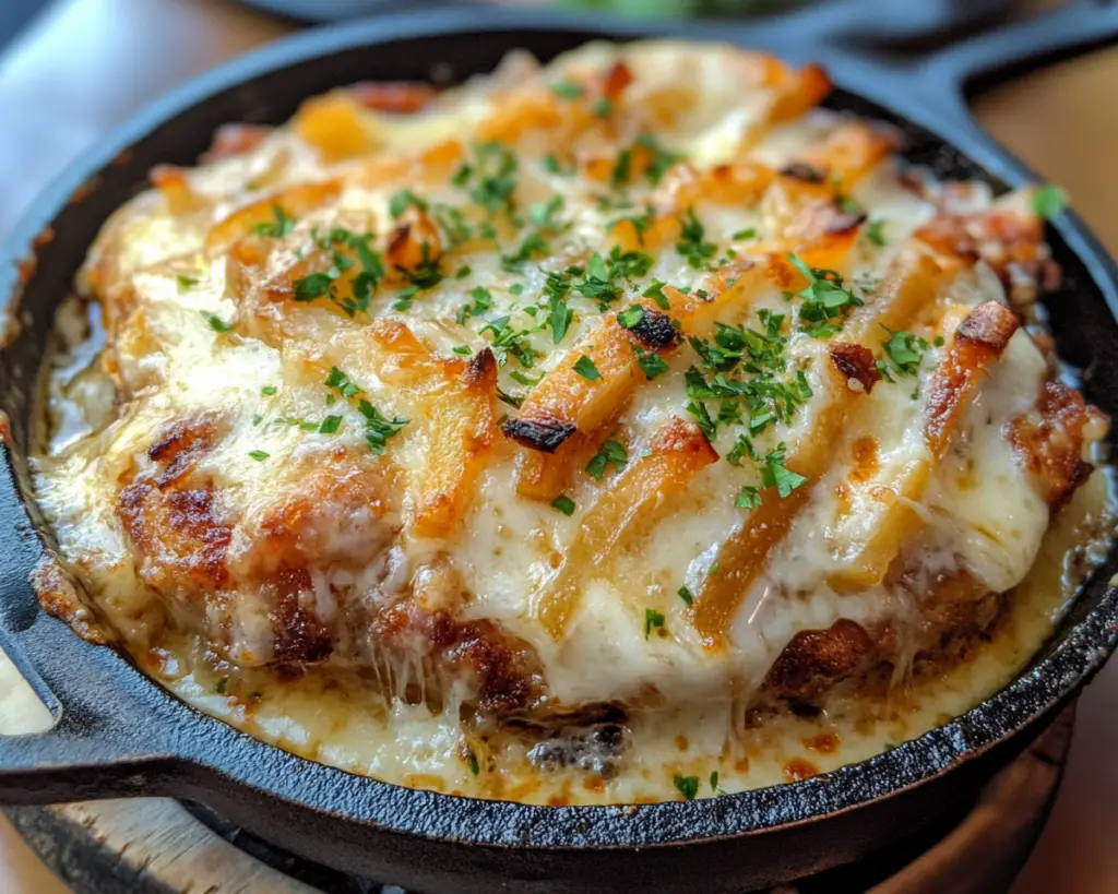 French onion chicken recipe, One-pan French onion chicken, Caramelized onion chicken skillet, Easy skillet chicken dinner, French onion skillet recipe