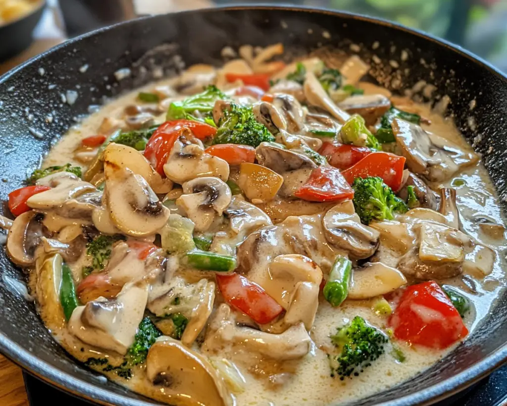 vegetable stir-fry in creamy sauce, white sauce veggie recipe, healthy vegetable stir-fry, creamy stir-fried veggies, white sauce with veggies