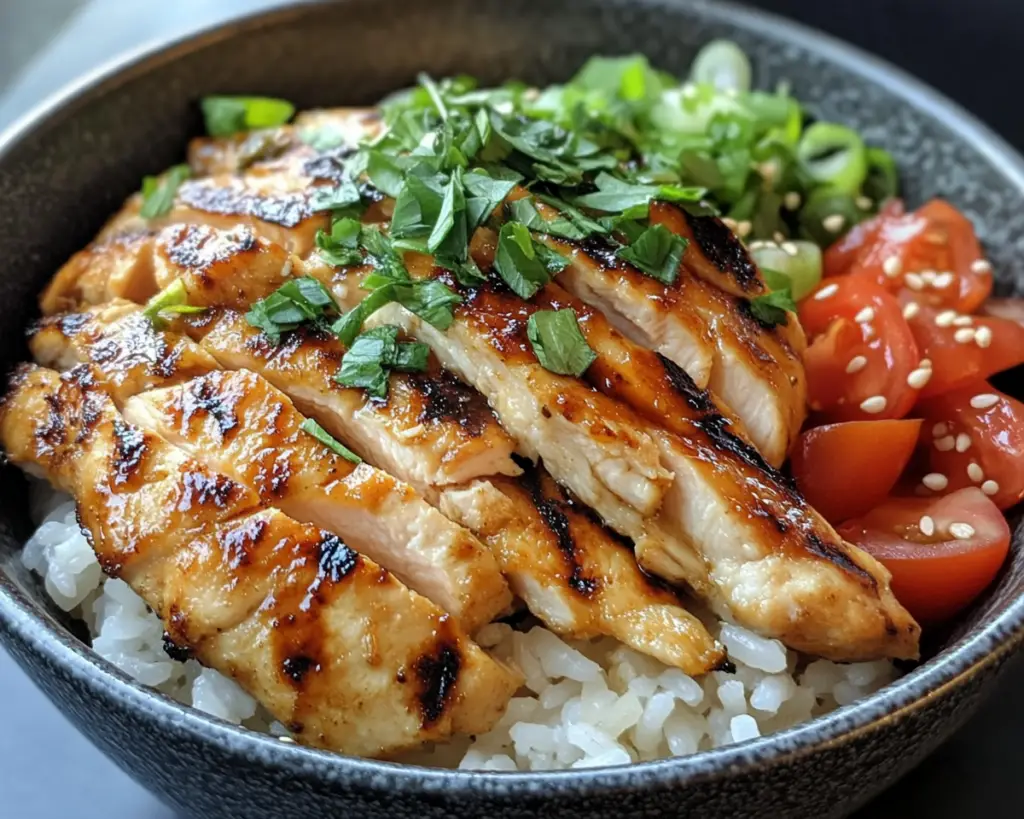 Chicken rice bowl recipe, grilled chicken and rice dish, healthy rice bowl, meal prep chicken rice bowl, rice bowl with veggies and chicken