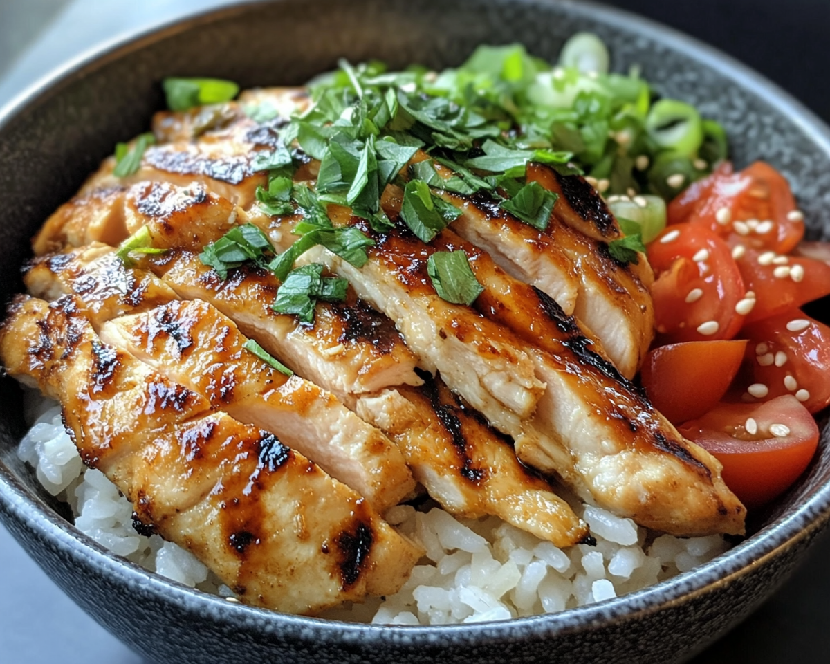 Chicken rice bowl recipe, grilled chicken and rice dish, healthy rice bowl, meal prep chicken rice bowl, rice bowl with veggies and chicken