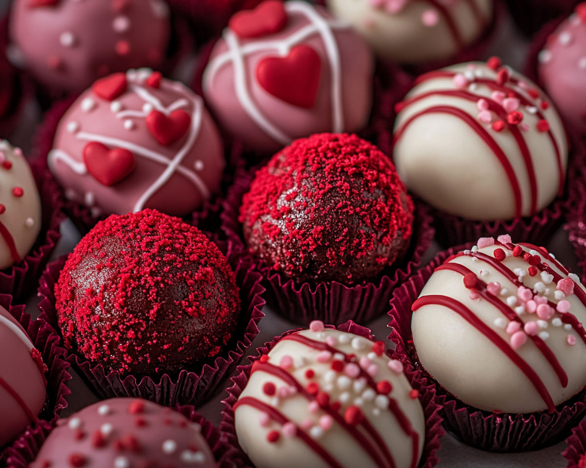 red velvet dessert, Valentine's Day desserts, cake ball recipe, red velvet truffles, bite-sized Valentine treats, romantic dessert ideas, easy red velvet treats