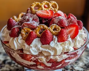 pretzel crust dessert, strawberry jello salad, sweet and salty dessert, strawberry gelatin salad, layered strawberry dessert, strawberry cream cheese dessert