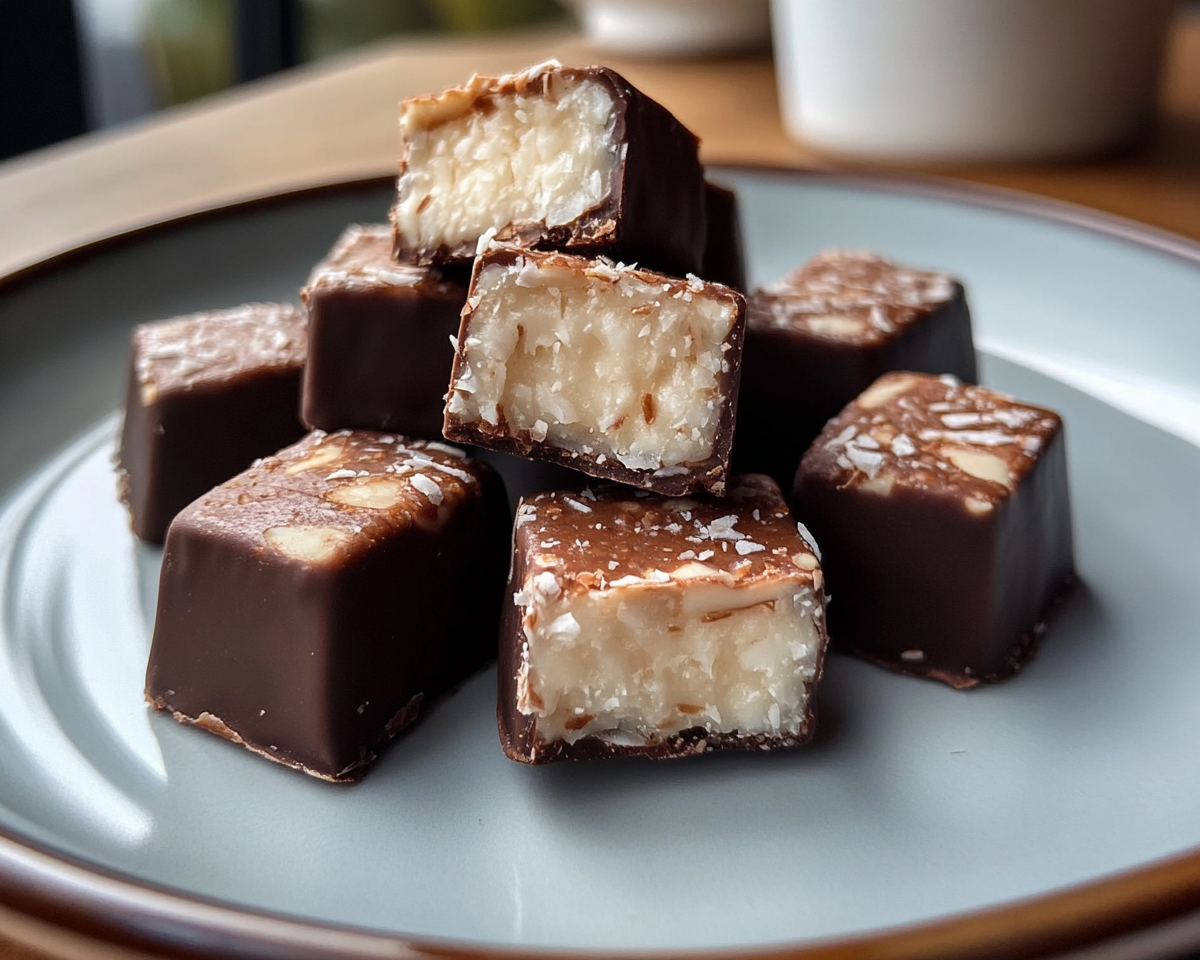 coconut almond chocolate bites, almond joy treats, no-bake coconut bites, easy almond joy recipe, coconut chocolate dessert bites