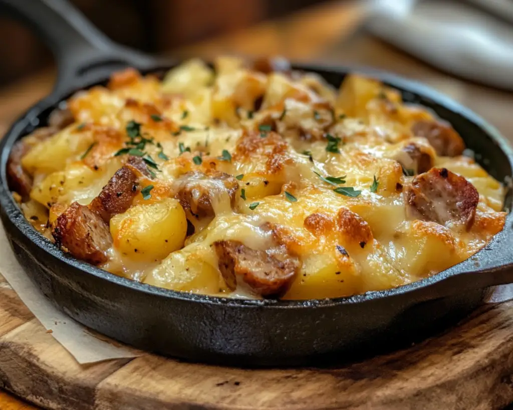 ranch potato bake with sausage, cheesy sausage casserole, creamy ranch potatoes, smoked sausage potato skillet, one-pan ranch sausage recipe