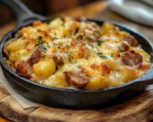 ranch potato bake with sausage, cheesy sausage casserole, creamy ranch potatoes, smoked sausage potato skillet, one-pan ranch sausage recipe