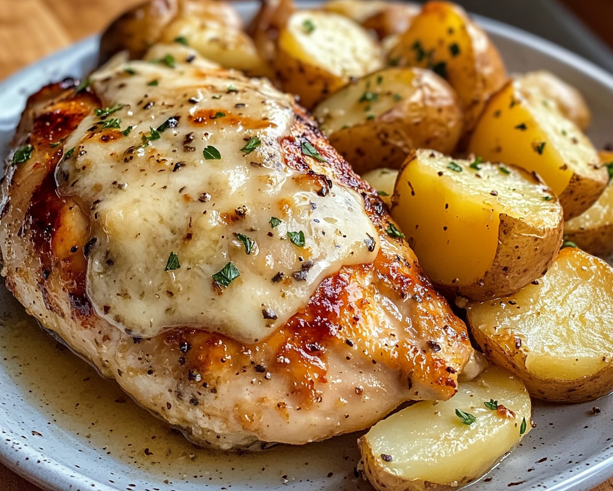 one-pan chicken and potatoes, Parmesan chicken with potatoes, garlic chicken skillet recipe, creamy garlic Parmesan chicken, roasted chicken and potatoes